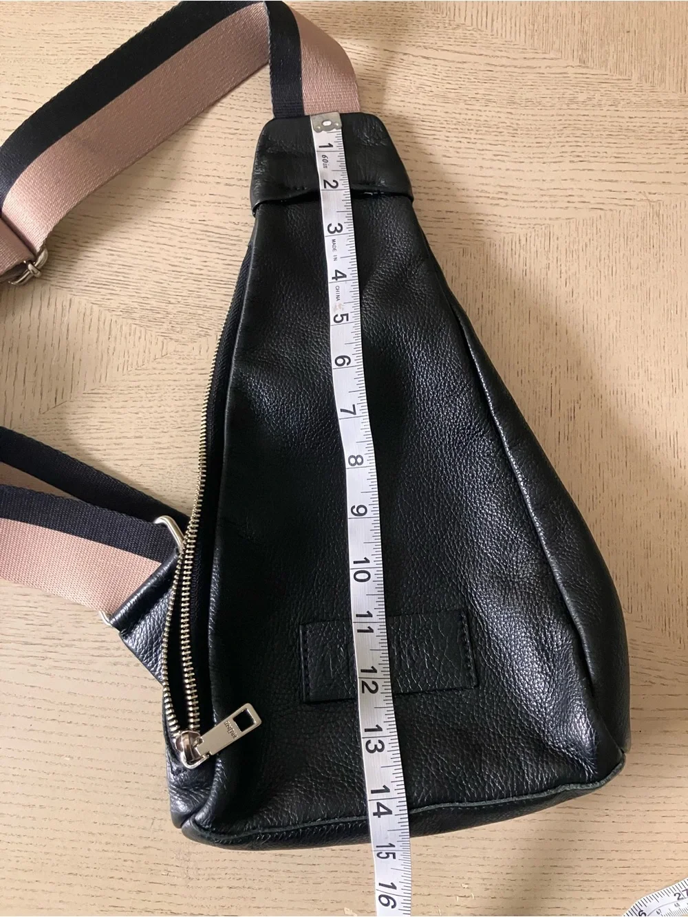 Prüne Black Leather Sling Backpack with Tan/Beige and Black Strap